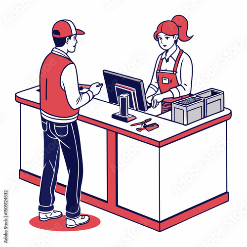 Vector illustration of service center counter with technician and customer, isolated on transparent background