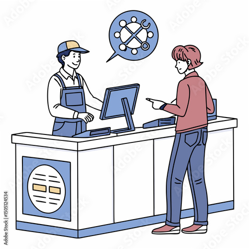 Vector illustration of service center counter with technician and customer, isolated on transparent background