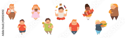 Overweight Boy and Girl Character Eating Fast Food Vector Set