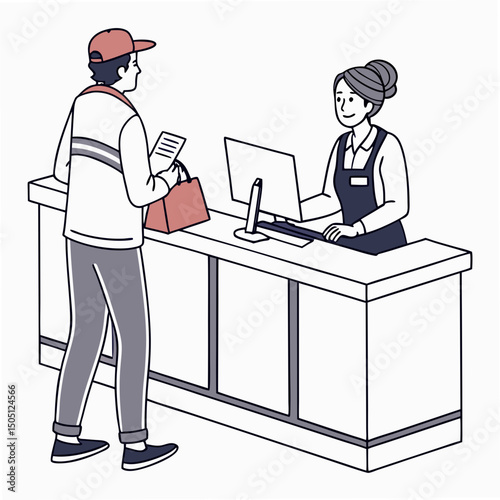 Vector illustration of service center counter with technician and customer, isolated on transparent background