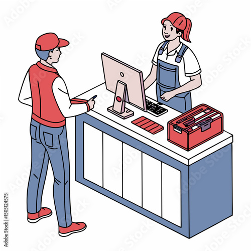 Vector illustration of service center counter with technician and customer, isolated on transparent background
