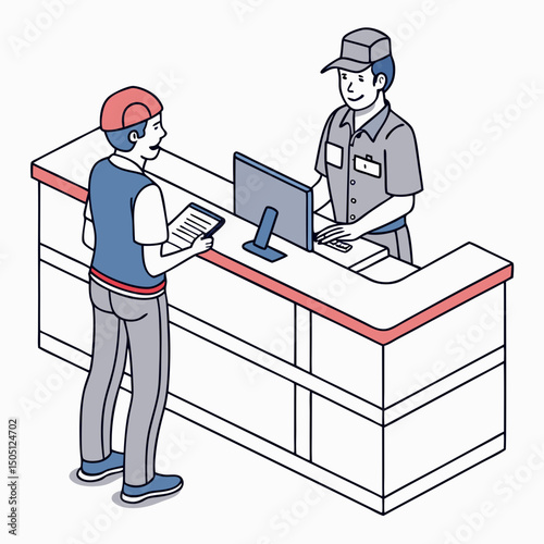 Vector illustration of service center counter with technician and customer, isolated on transparent background