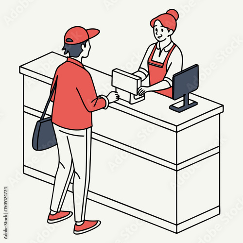 Vector illustration of service center counter with technician and customer, isolated on transparent background
