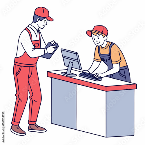 Vector illustration of service center counter with technician and customer, isolated on transparent background