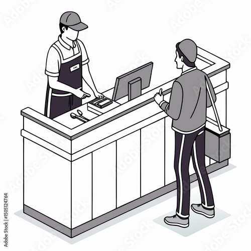 Vector illustration of service center counter with technician and customer, isolated on transparent background