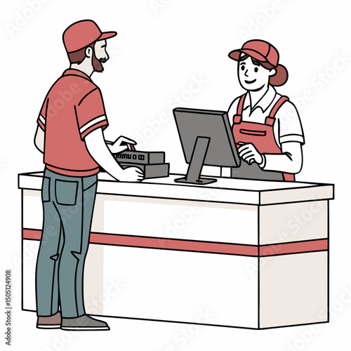 Vector illustration of service center counter with technician and customer, isolated on transparent background