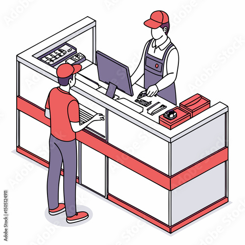 Vector illustration of service center counter with technician and customer, isolated on transparent background