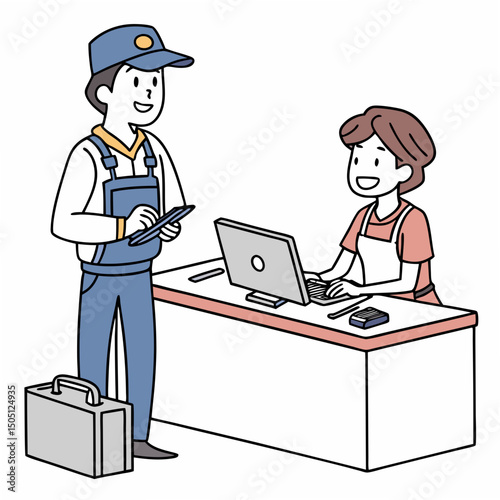 Vector illustration of service center counter with technician and customer, isolated on transparent background