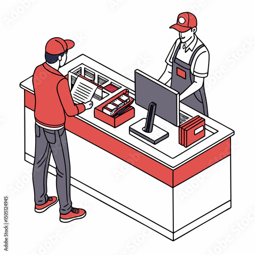 Vector illustration of service center counter with technician and customer, isolated on transparent background