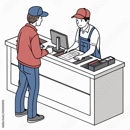 Vector illustration of service center counter with technician and customer, isolated on transparent background