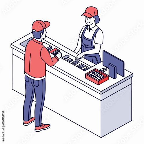 Vector illustration of service center counter with technician and customer, isolated on transparent background