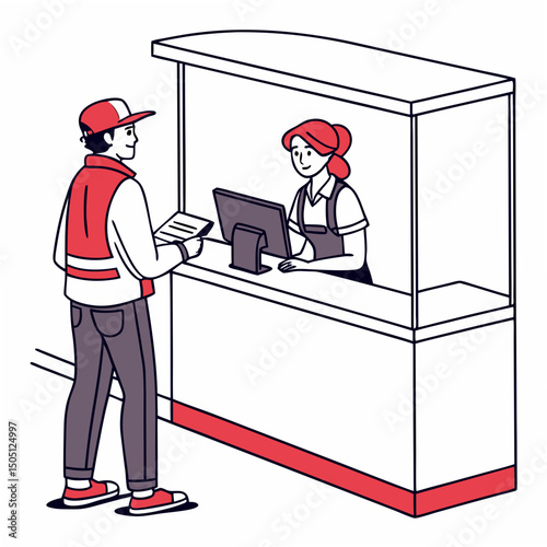 Vector illustration of service center counter with technician and customer, isolated on transparent background