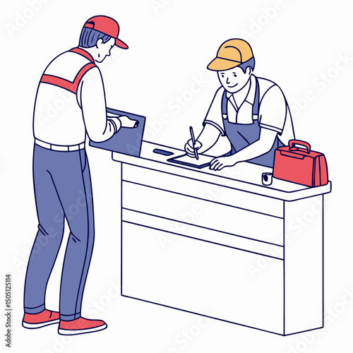 Vector illustration of service center counter with technician and customer, isolated on transparent background