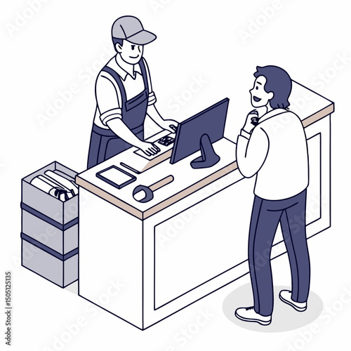 Vector illustration of service center counter with technician and customer, isolated on transparent background