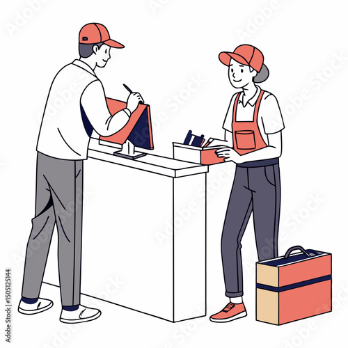 Vector illustration of service center counter with technician and customer, isolated on transparent background