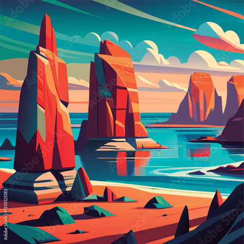Colorful coastal rocks at sunrise.