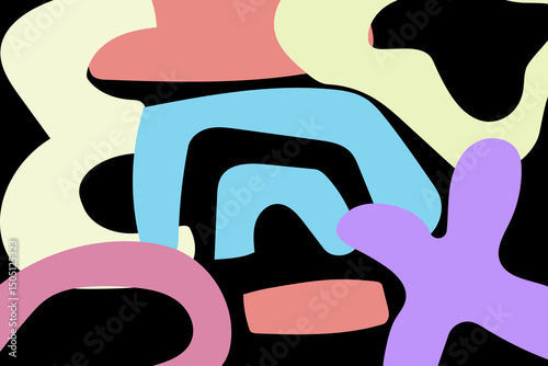 Colorful abstract art features overlapping organic shapes against a stark black background
