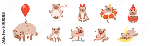 Funny Pug Dog Character Engaged in Different Activity Vector Set
