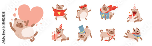 Funny Pug Dog Character Engaged in Different Activity Vector Set