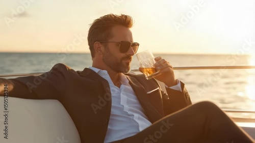 man in black suit and sunglasses on yacht drinking alcohol 