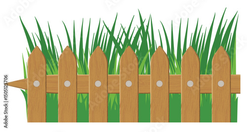 Wooden picket fence with pointed tops and metal rivets, set against a background of tall green grass blades.