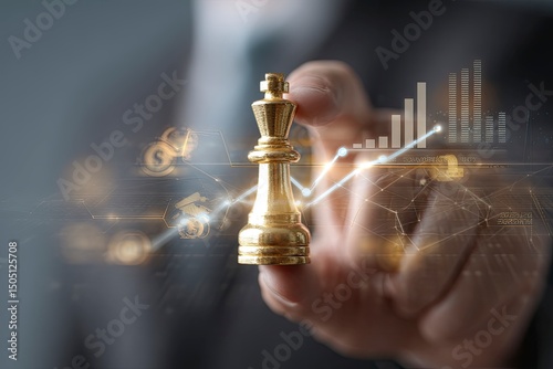 Businessman's hand holding a golden chess piece on a virtual screen with a data graph, a strategic concept with a circular map line in a dark background. 