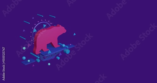 Pink bear symbol on a pedestal of abstract geometric shapes floating in the air. Abstract concept art with flying shapes on the left. 3d illustration on deep purple background