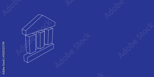 The outline of a large bank symbol made of white lines on the left. 3D view of the object in perspective. Vector illustration on indigo background
