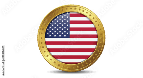 A highly detailed vector illustration of a shiny gold coin featuring the American flag in the centre.