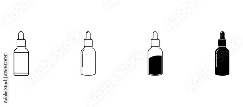 Dropper bottle with serum or oil, linear icon set. Cosmetic product in bottle. Simple vector outline. Contour isolated pictogram on white background