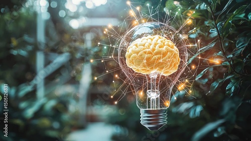an innovative concept illustration of a glowing bulb inside a human brain, surrounded by green leaves, symbolizing eco-friendly thinking and technology-driven ideas