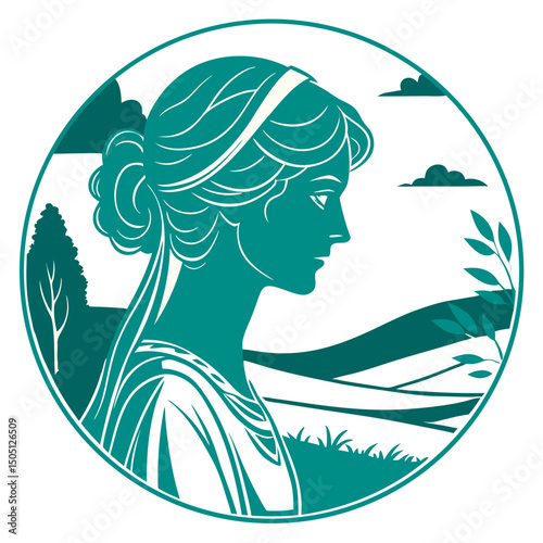 Timeless Profile: A graceful silhouette of a woman gazes thoughtfully upon a scenic vista, rendered in elegant vector art
