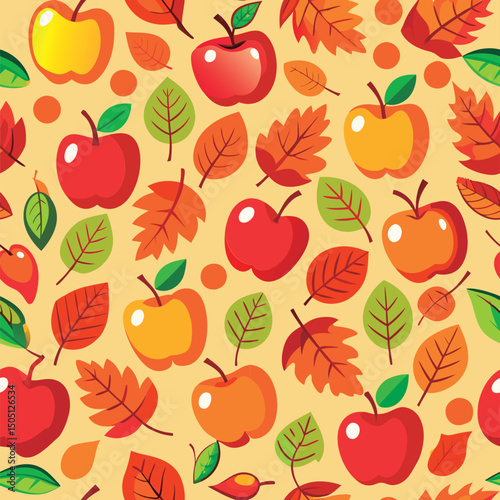 Autumn apples and leaves seamless pattern.
