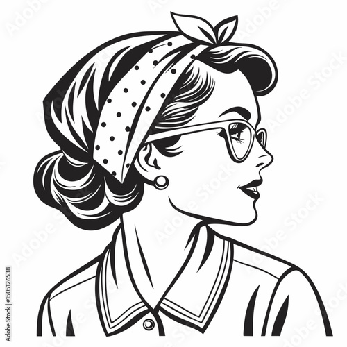 Retro Woman Profile: A stylish woman with a vintage headscarf, glasses, and elegant hairdo, viewed in profile, evokes a sense of classic beauty and timeless grace.