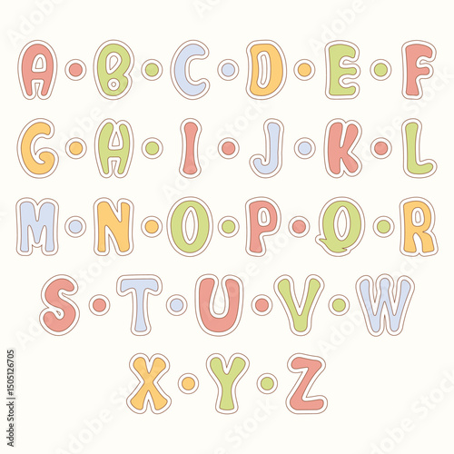 English alphabet in different pastel colors. Each letter is surrounded by a white outline and a small colored circle. The letters are arranged in the usual alphabetical order.