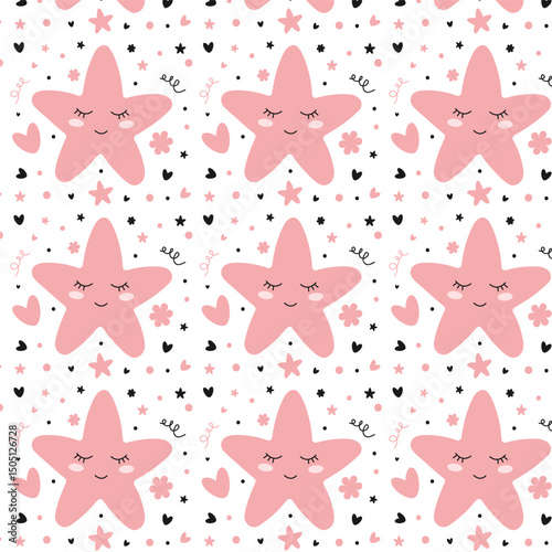 Seamless pattern with pink stars with cute faces and flowers, hearts and stars around them on a white background.