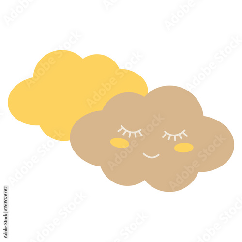 An image of two fluffy clouds, one of which is pale beige in color with a sweet smiling face and closed eyes, and the other is cheerful yellow.