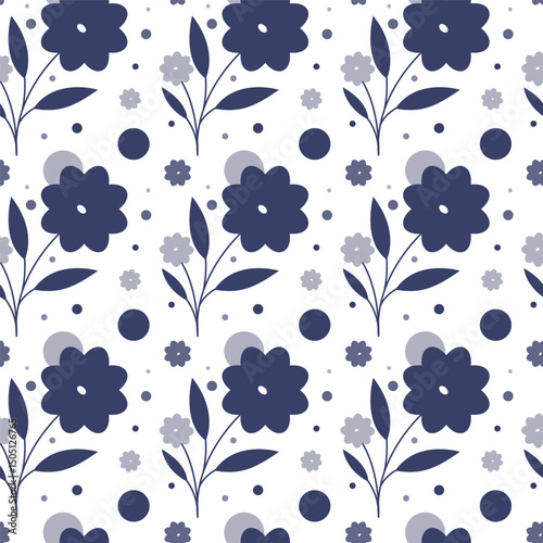 Seamless vector pattern on a white background with dark blue flowers with rounded petals, small light gray flowers and dark blue and light gray dots.