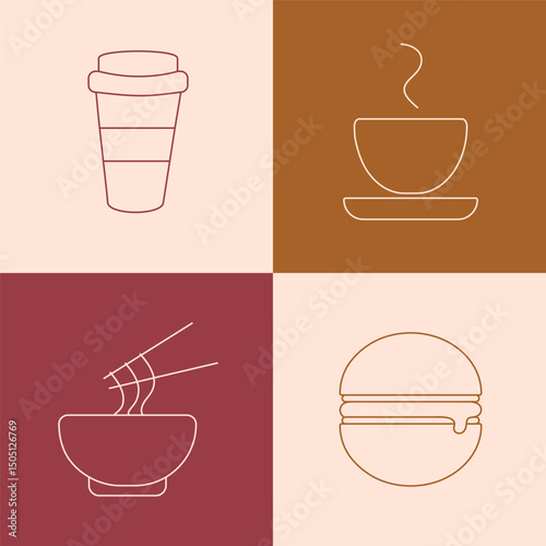 A set of icons with images of various food and beverages. A takeaway coffee cup, a tea cup with a saucer, a plate of noodles with chopsticks, and a juicy burger.