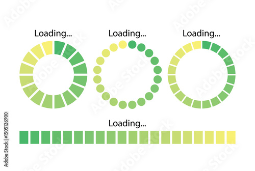Countdown with line and circle pattern progress. Green and yellow loading bar. Download banner. Vector illustration. Set of count down graphs with percent.