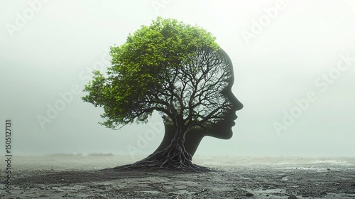 human face formed by tree shapes in a dry desert landscape, symbolizing psychology, emotion, and the complexity of the mind