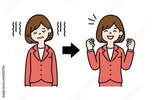 疲労回復した、女性会社員のベクターイラスト素材＿線幅の編集可能＿カラー
