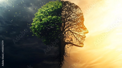 abstract illustration showing the dark and light sides of the human mind, with a split-face silhouette made of green tree leaves symbolizing thought, contrast, and psychological depth