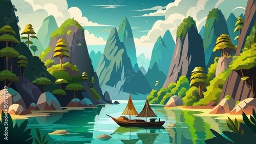 Scenic limestone cliffs of Khao Sok National Park rise over emerald water
