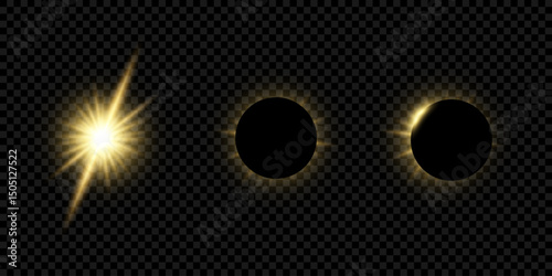 Realistic solar eclipse with glowing sun and transparent background