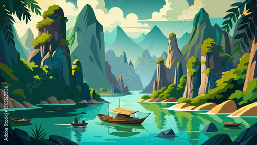 Scenic limestone cliffs of Khao Sok National Park rise over emerald water