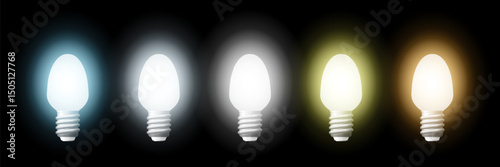 Five light bulbs showing different color temperatures on a black background