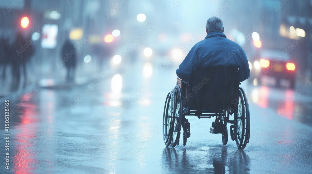 Obraz premium A man in a wheelchair moves through a wet urban street as rain falls, with city lights blurred in the background during twilight