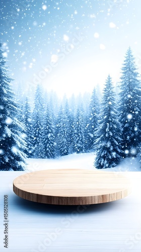 A light wood circular platform sits atop snow in front of a snowy evergreen forest with a soft, bright winter background