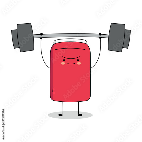 Cute Red Soda Can cartoon character lifting weight barbell doodle